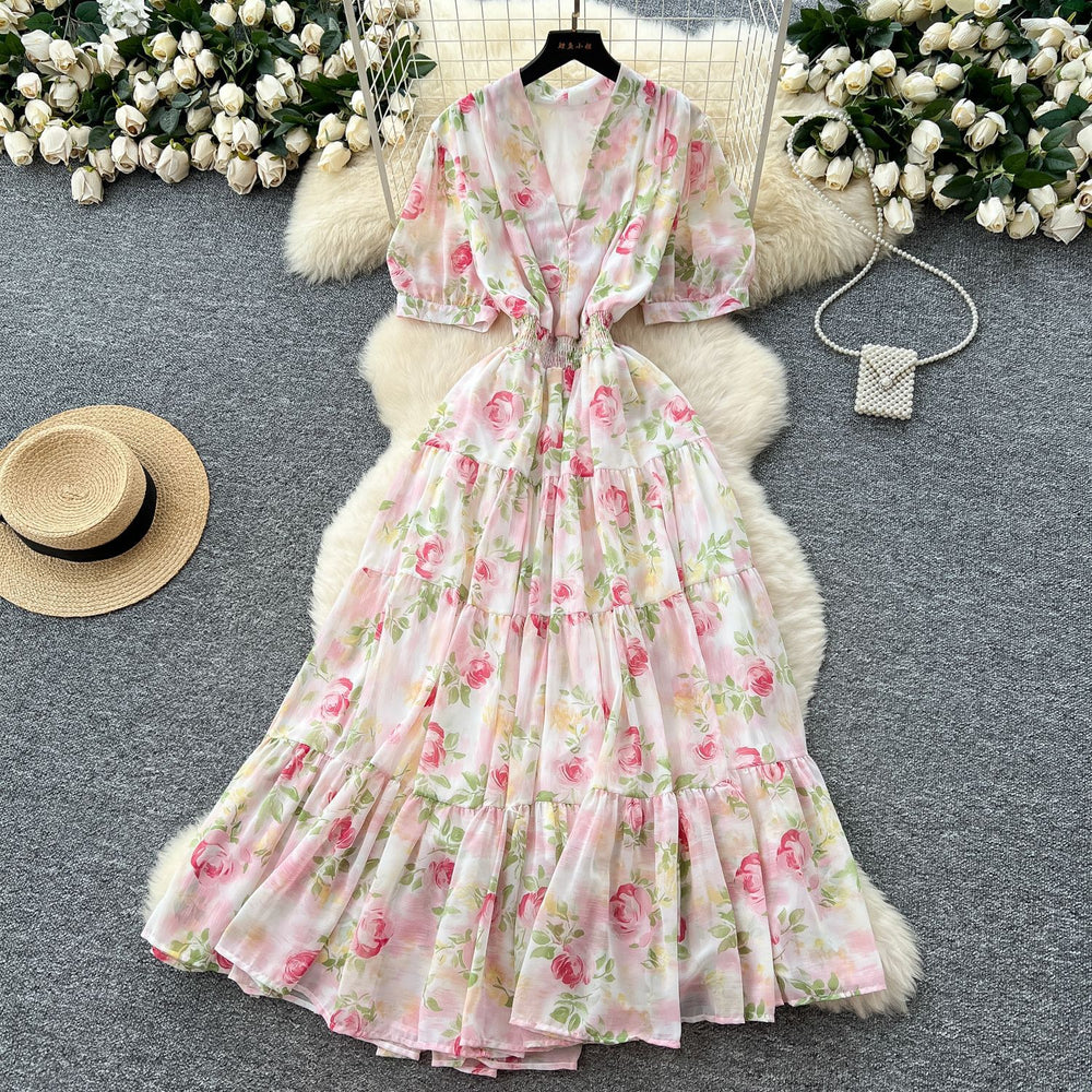 Frenchretrov neck puff sleeve floral chiffon dress women's summer dress waist elegant slit ruffles long skirt