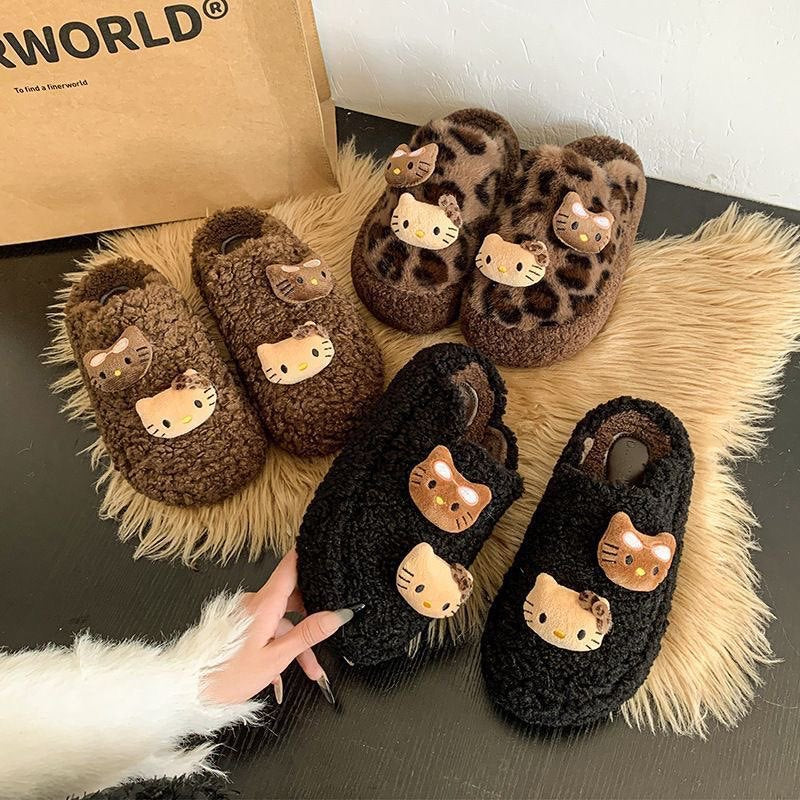 Cute cat fuzzy slippers for women, autumn/winter outdoor wear, 2025 new thick-soled closed-toe half slippers, height-increasing, fleece-lined cotton slippers