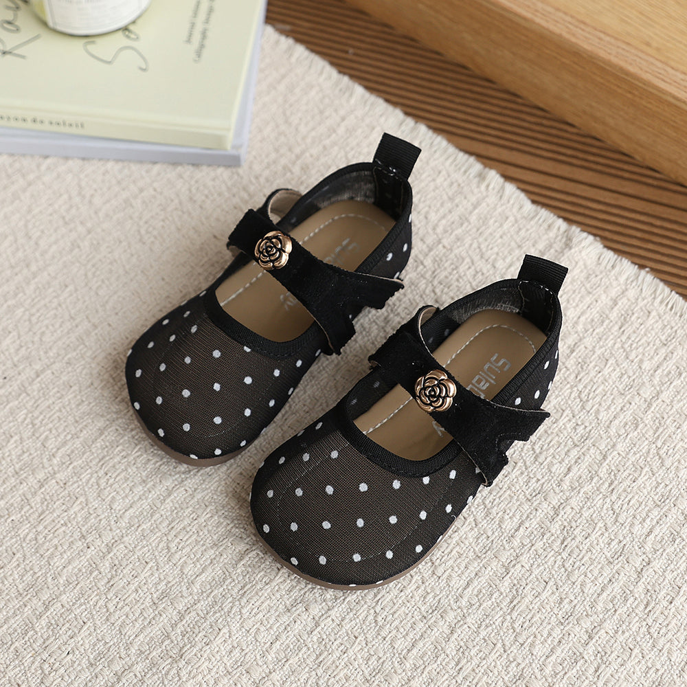 Girls' polka dot sandals - new spring/summer collection - kids' shoes - stylish bowknot mesh upper solid color sandals for little girls