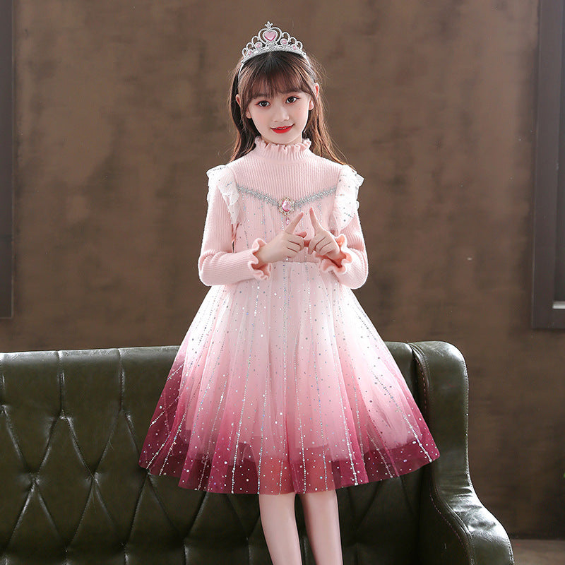 Elsa dress girls new arrivalknittingsweaterkids elsa skirt 3-14 years old dressfall and winter style birthday