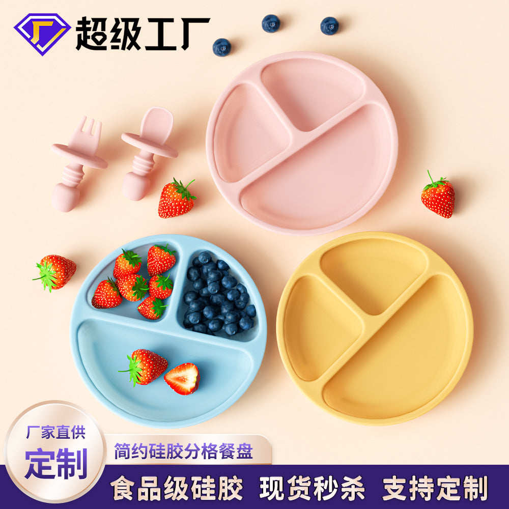 Children's dinner plate silicone grid baby feeding complementary food bowl integrated anti-drop suction cup baby feeding tableware