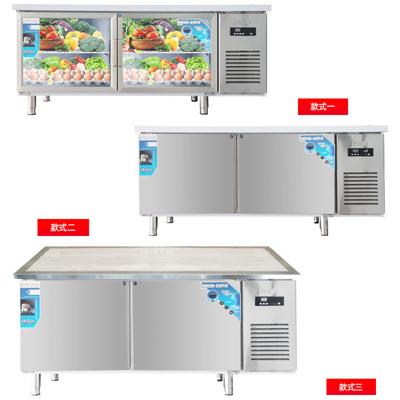 Commercial cold display workstation for milk tea shops - dual temperature refrigerated workbench for kitchen use - fresh food display counter