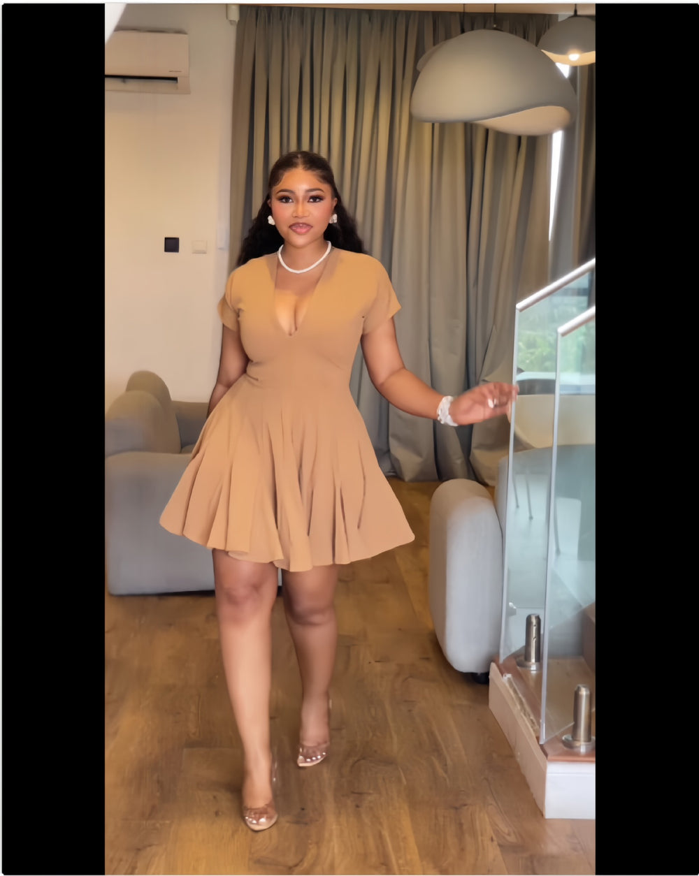 European and american cross-border women's fashion:  autumn/winter new collection - solid color short sleeve deep v-neck cinched waist versatile elegant dress