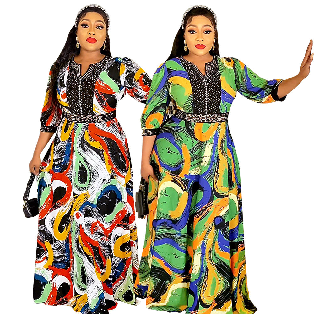 e-commerce   new print dress african plus size women's hotfix rhinestone beaded maxi dress
