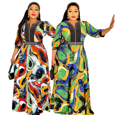 e-commerce   new print dress african plus size women's hotfix rhinestone beaded maxi dress