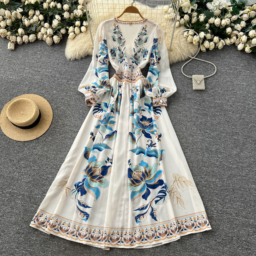 Frencheleganceretro style printingsilmdress women's long sleevesv neck waist slimming look a-line long skirt classy sense