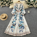 Frencheleganceretro style printingsilmdress women's long sleevesv neck waist slimming look a-line long skirt classy sense