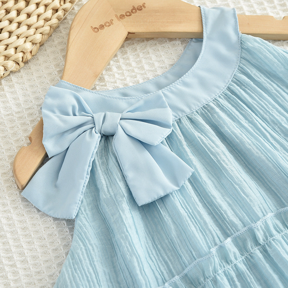 summer new girls' blue tiered korean style cross-border bow chiffon halter princess dress