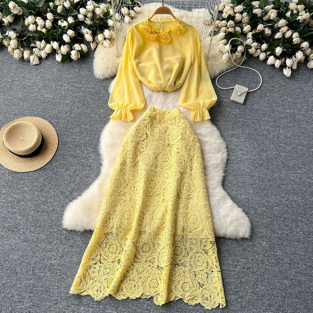 Elegant two-piece set: women's high-end 3d floral french long-sleeve blouse + high-waisted midi lace skirt