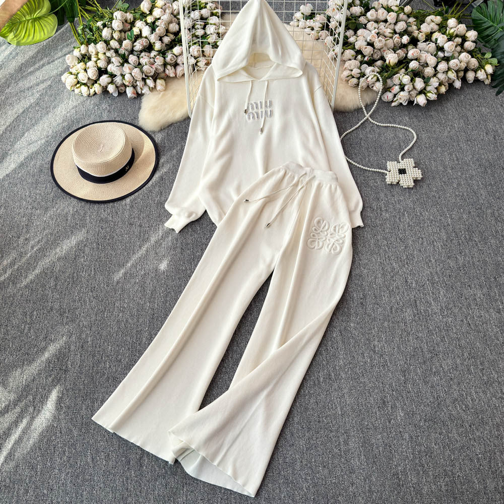 Autumn/winter european & american style letter jacquard knit hoodie top + high-waisted drapey wide-leg pants casual two-piece set