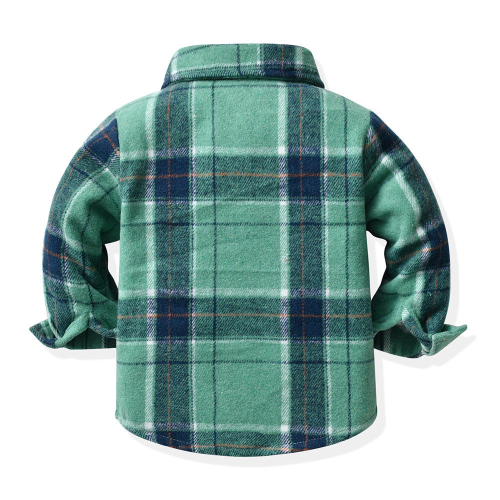 Boys' long-sleeve shirt - autumn collection, new export style, winter brushed fabric, children's clothing, spring/autumn mid-to-large size plaid shirt top