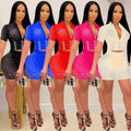 C6255 cross-border   fashion women's solid color mesh rhinestone short sleeve top and shorts two-piece set