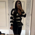 European and american cross-border women's wholesale:  winter bestseller - fashionable black and white striped single-breasted cardigan knitwear