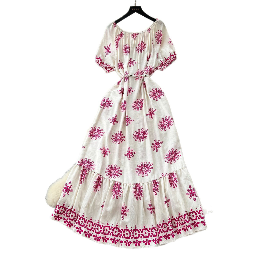 Literaryretro one shoulder lantern sleeve strap waist printingdress women's summer slimming lookelegantruffles long skirt