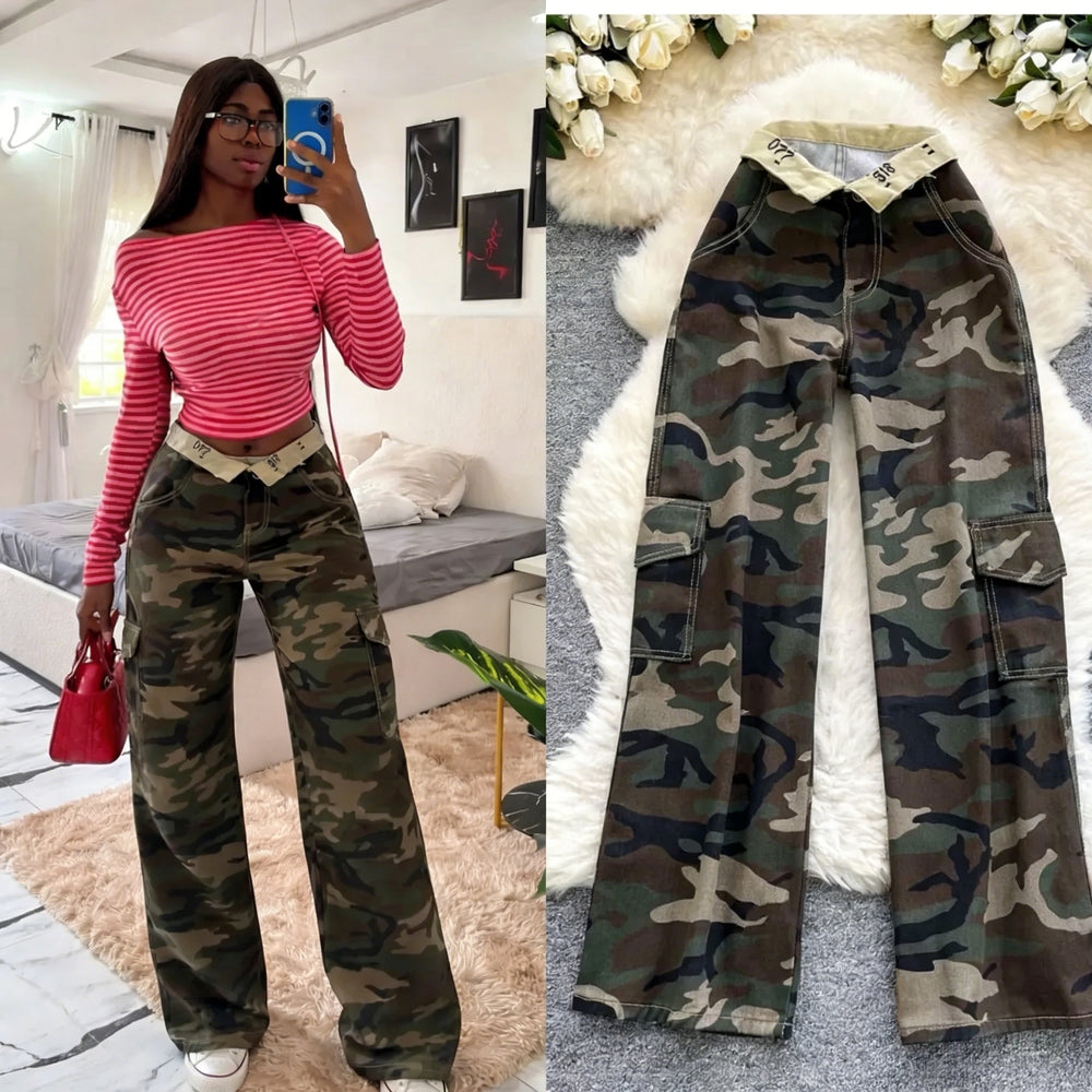 American retro hot girl camo print high-waisted wide-leg pants - women's  autumn workwear-inspired casual denim straight-leg trousers