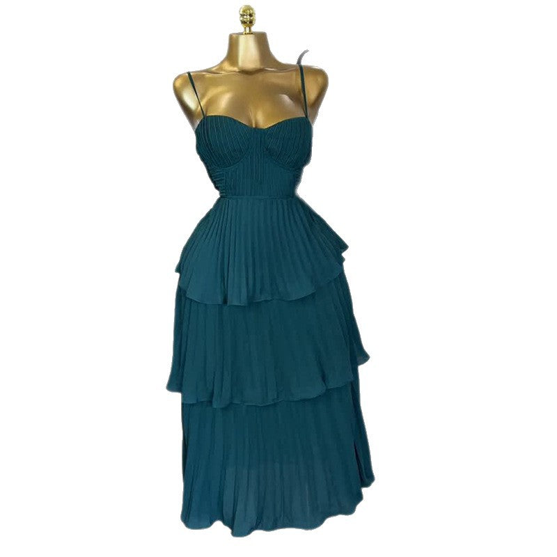 European and american cross-border women's fashion:  autumn new arrival - chic and elegant ruched bandeau slimming green slip dress