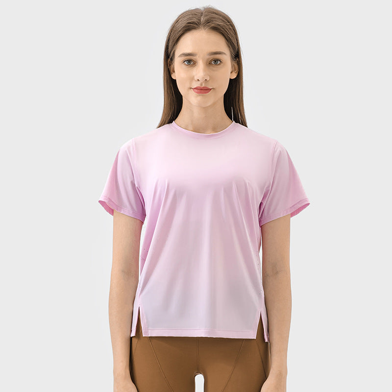 New arrivalplaid thin and breathable quick-drying yoga clothes round neck easiest for match night running reflective strips sports short-sleeved women dss059