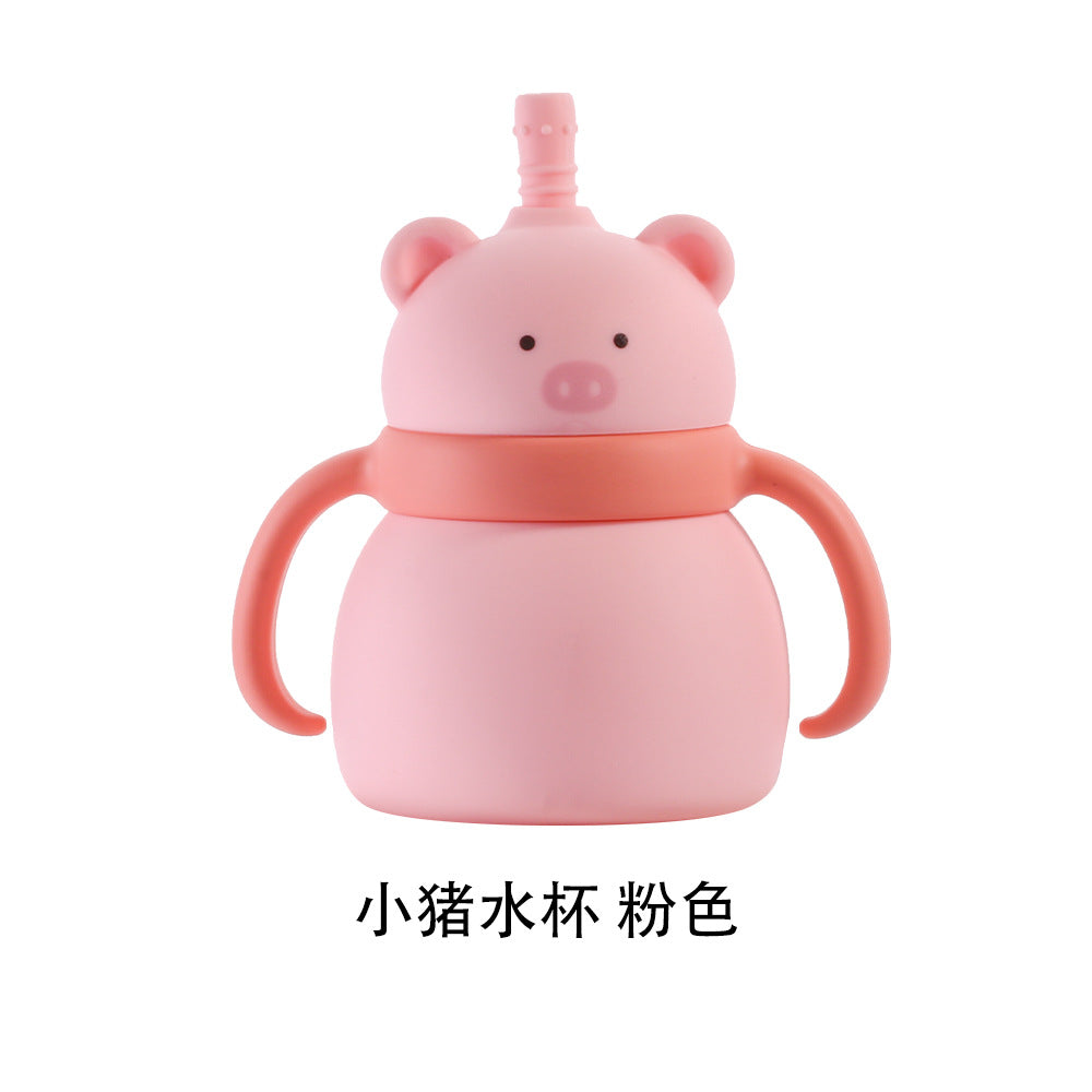 Baby silicone water cup Animal double handle Baby feeding tableware Drinking cup Large capacity silicone straw cup