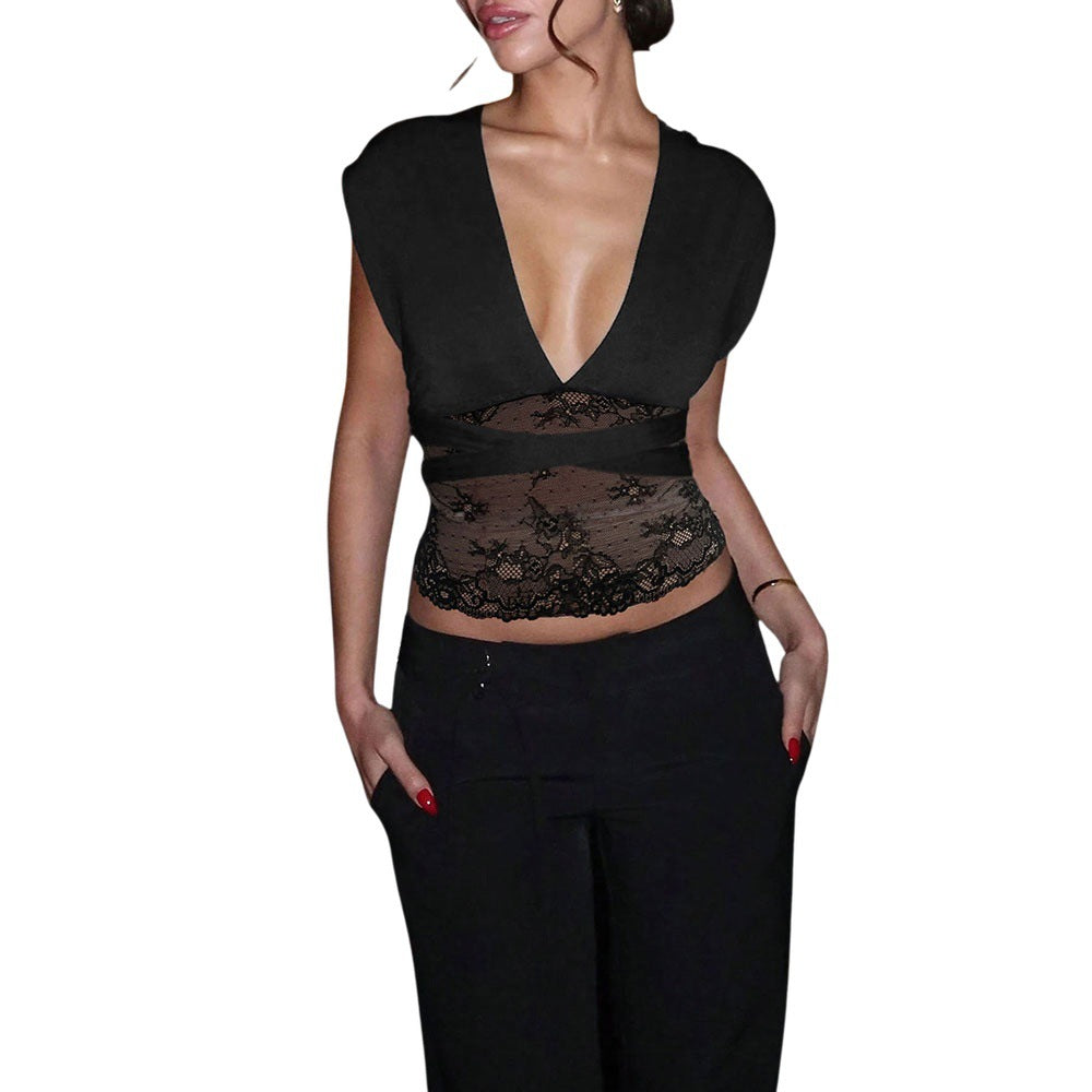 European and american style black sleeveless tank top for women, wide shoulder v-neck with back tie-up crisscross straps, lace trim sexy top