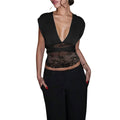 European and american style black sleeveless tank top for women, wide shoulder v-neck with back tie-up crisscross straps, lace trim sexy top