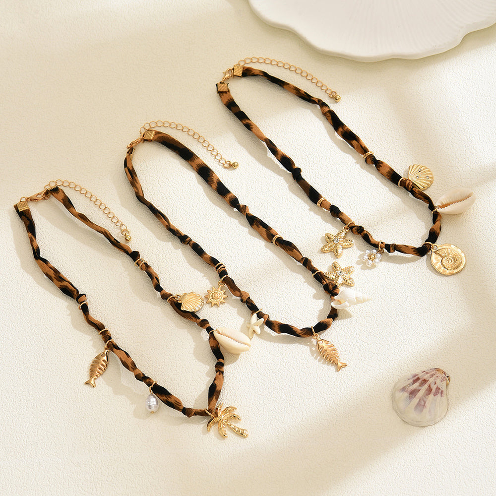 Leopard print starfish shell necklace wholesale european and american cross-border summer choker stylish niche hip hop stacked necklace for women