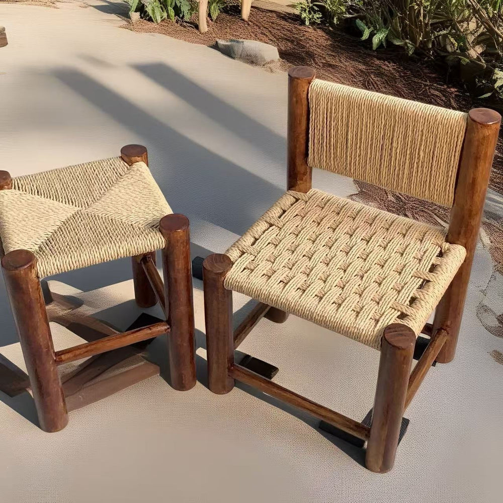 Rattan stool retro stool high-looking backrest coffee table stool solid wood shoe changing stool casual modern for home living room stool