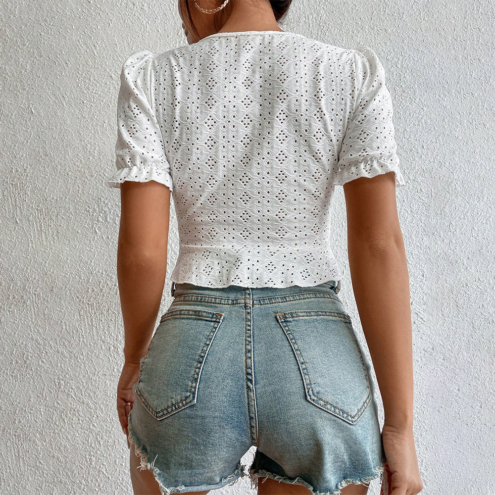 spring/summer new arrivals: cross-border women's sweet & minimalist v-neck cropped t-shirt with tie-waist and embroidered knit top