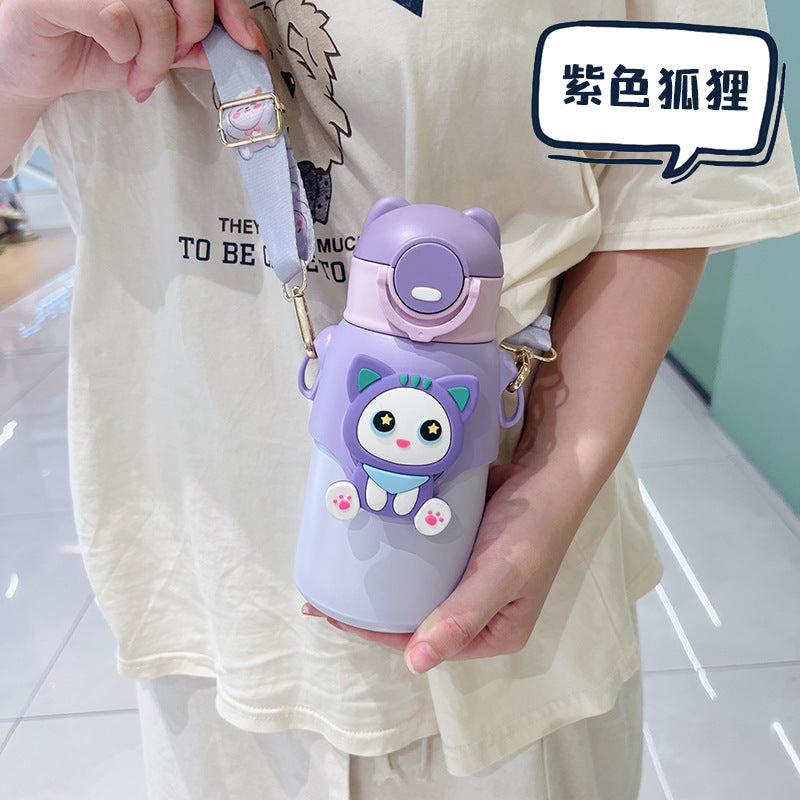 Cute and fun kids' insulated water bottle - 316 stainless steel, food-grade, cartoon design, portable student straw cup