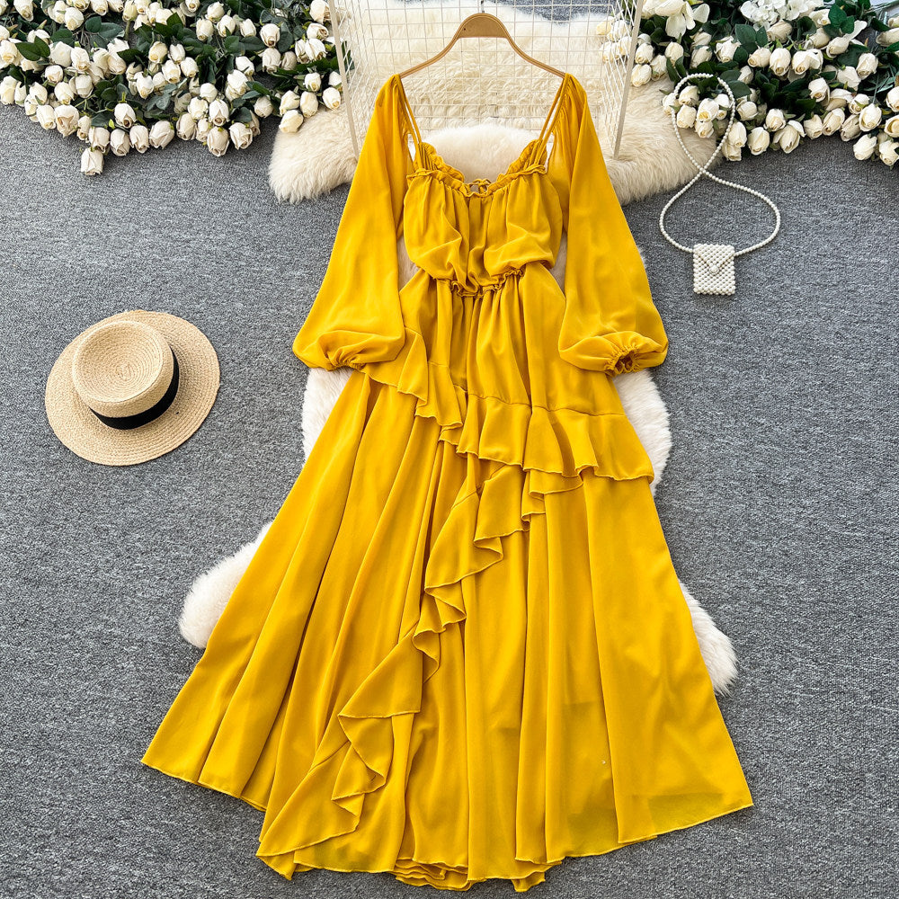 French riviera style square neck puff sleeve dress - women's summer yellow ruffle trim, slim fit, maxi swing dress