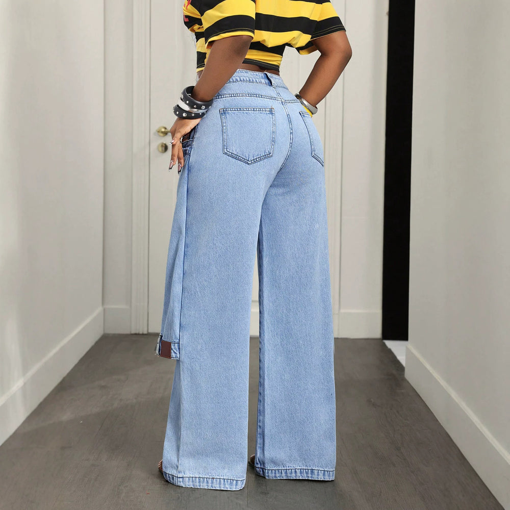 X-pre-sale-66703# cross-border fake two-piece casual versatile straight-leg women's jeans pants