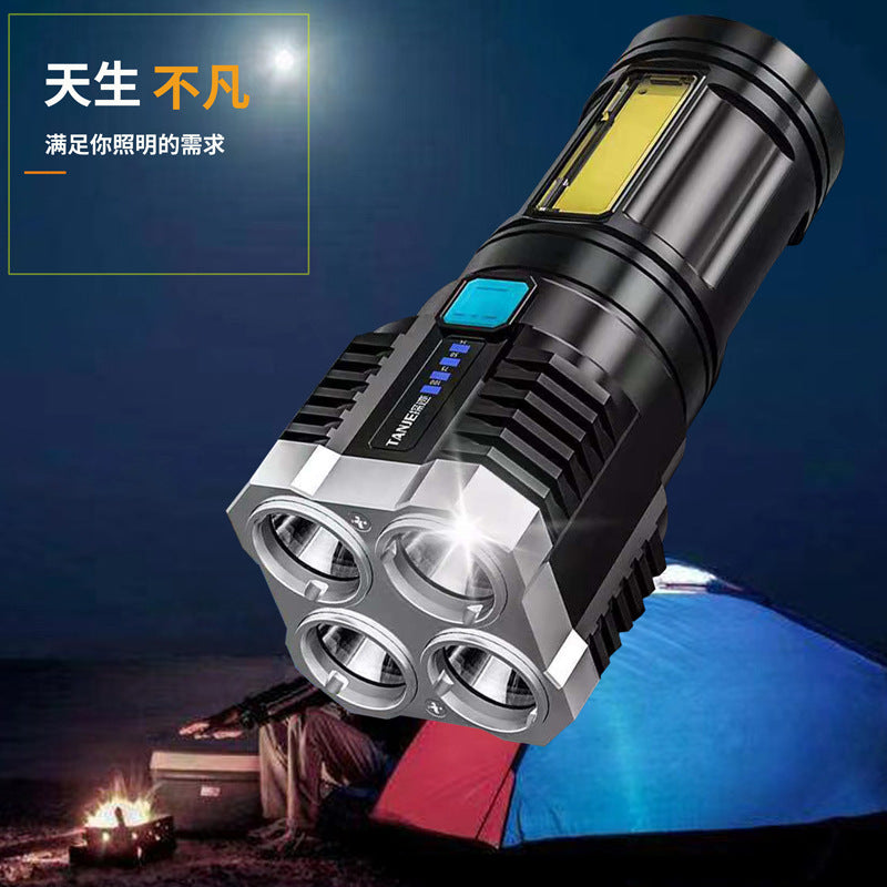 Cross-border 4 lamp beads led multi-function strong light flashlight COB side light outdoor portable home USB charging flashlight
