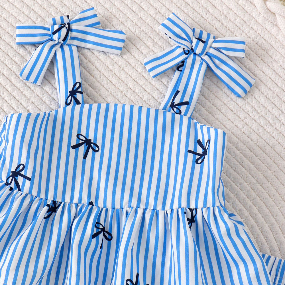 Baby girl blue and white pinstripe bowknot suspender top and shorts summer fresh outfit set
