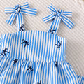 Baby girl blue and white pinstripe bowknot suspender top and shorts summer fresh outfit set
