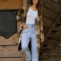 fashion cross-border casual woolenplaid medium long flap pocket pants button long sleevescardiganfashionoutwear