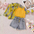 cross-border exclusive lapel plaid shirt camisole + heavy-duty washed beaded jeans three-piece set