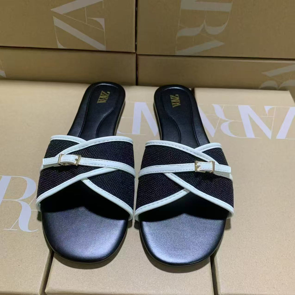 Za2025new arrival shoes new product banquet shoes slippers fashion square toe flats sandals women's shoes cross buckle women's shoes