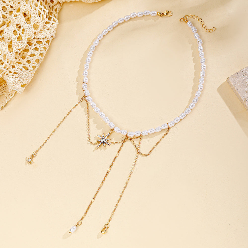 Bohemian pearl necklace wholesale fashion cross-border hot style jewelry stylish tassel alloy six-pointed clavicle chain for women