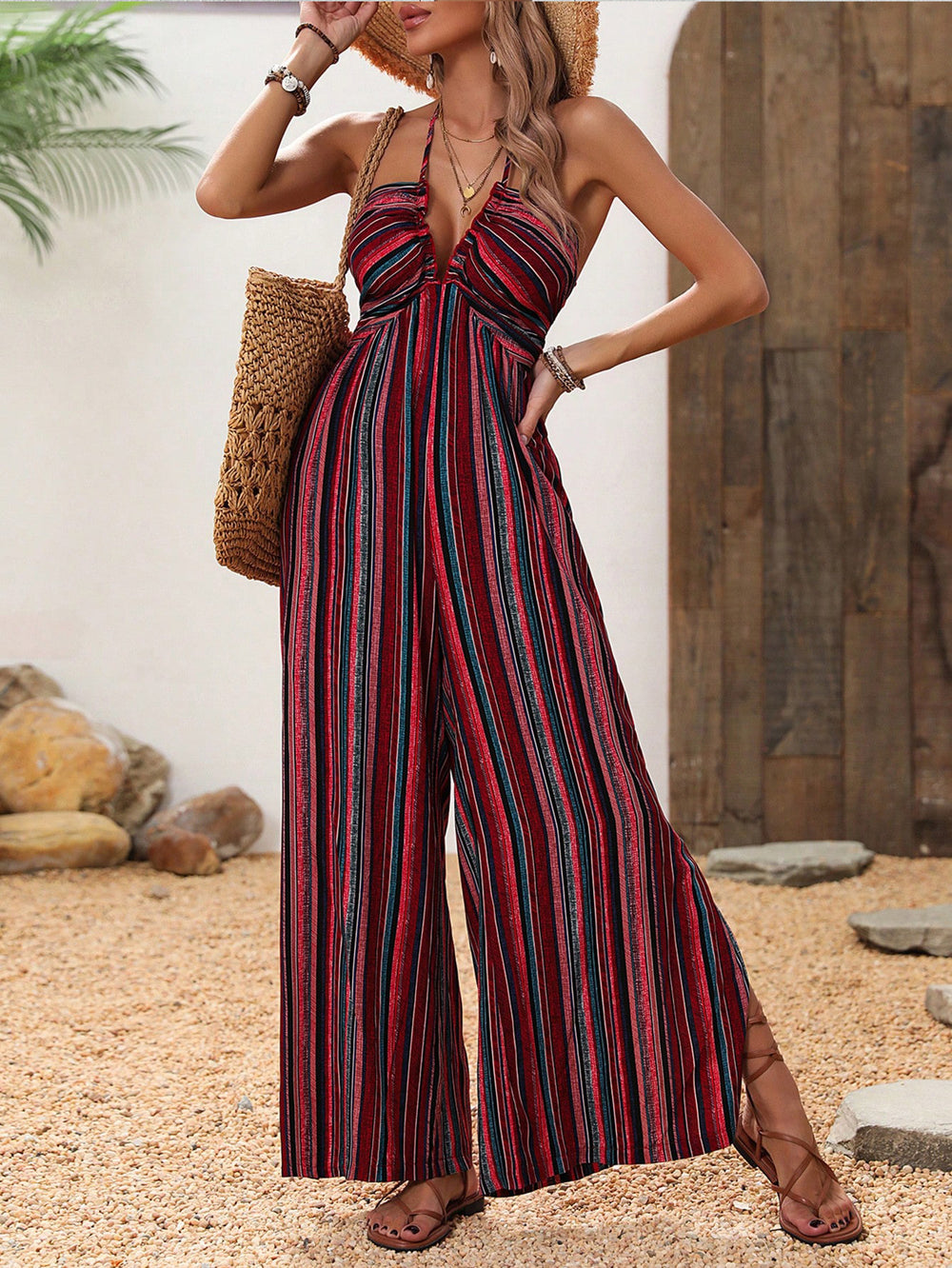 Amazon  european and american spring/summer striped print sexy flared jumpsuit