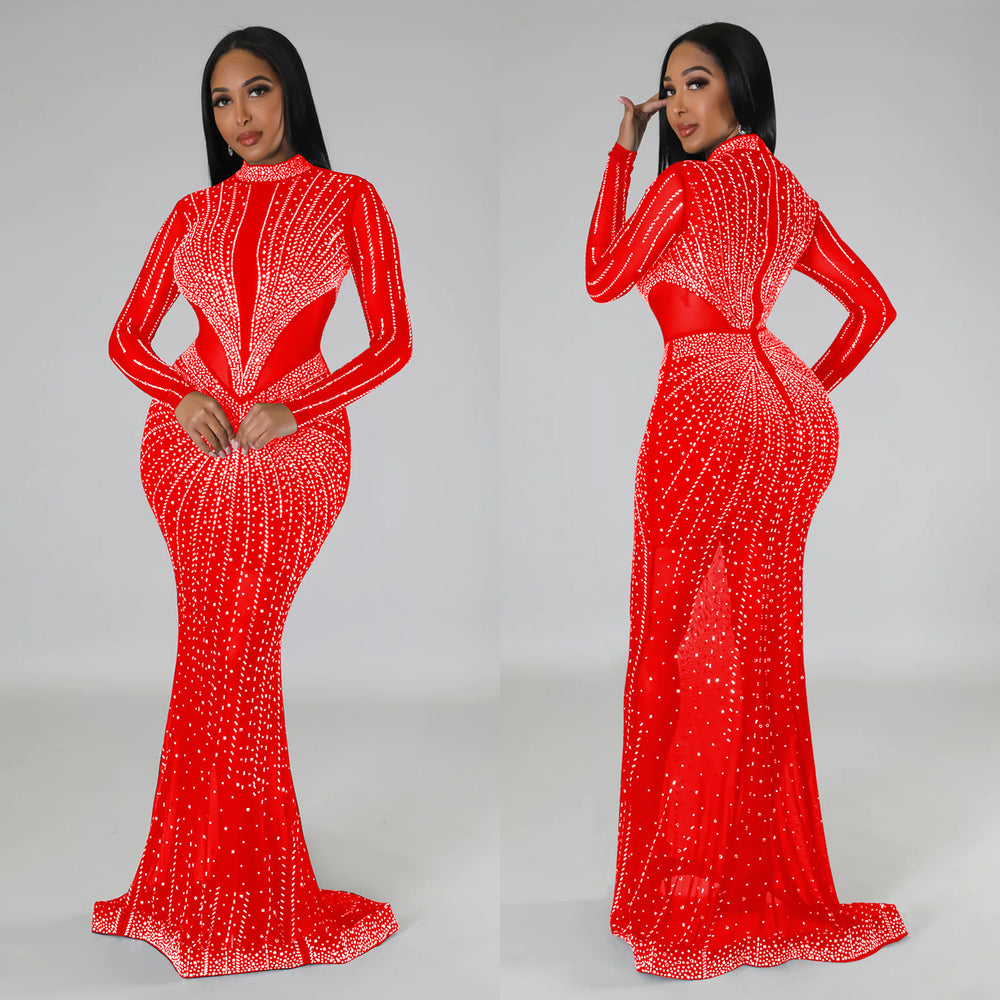 C6369 cross-border   fashion women's solid color mesh rhinestone long sleeve maxi dress