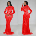 C6369 cross-border   fashion women's solid color mesh rhinestone long sleeve maxi dress