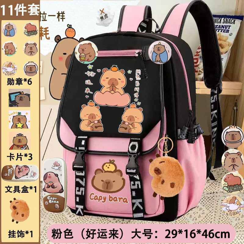 export cartoon capybara backpack - large capacity school bag for middle and elementary school girls - cute capybara backpack