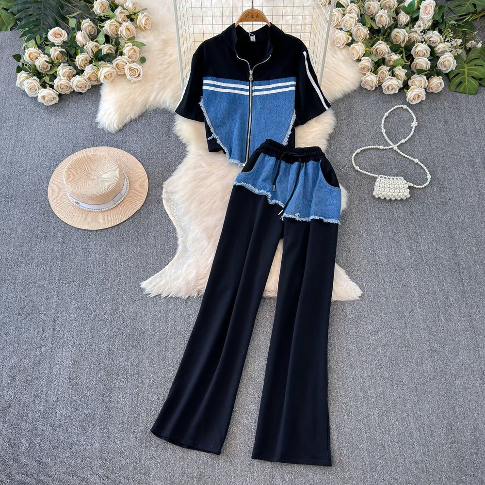 Chic hong kong style women's two-piece set: designer short-sleeve t-shirt with denim patchwork top + high-waisted casual straight-leg pants