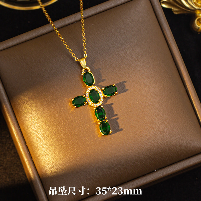 【titanium steel】cross-border fashionable colorful zircon cross necklace for women - high-end, light luxury sweater chain jewelry