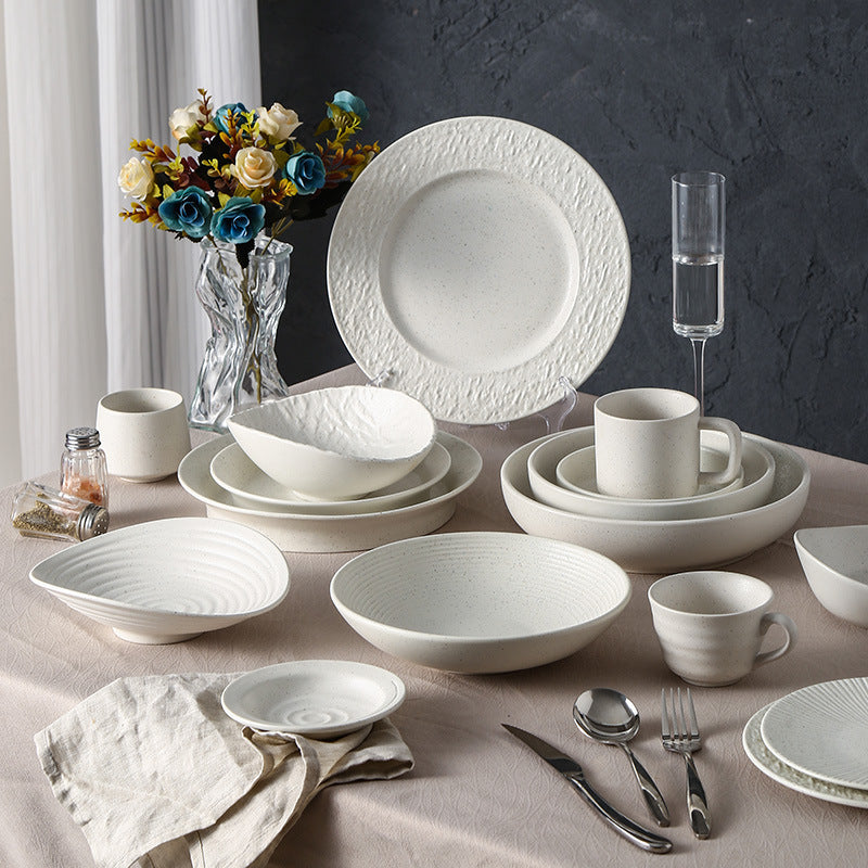Minimalist blue & white polka dot ceramic dinnerware set - western dinner plates, restaurant & hotel quality ceramic tableware with polka dot design