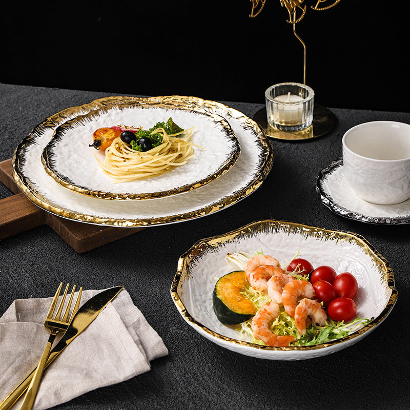 Embossed minimalist solid color ceramic bowls, plates, and dishes - premium, high-end design for hotels, restaurants, steak plates, fruit salads, and dessert bowls