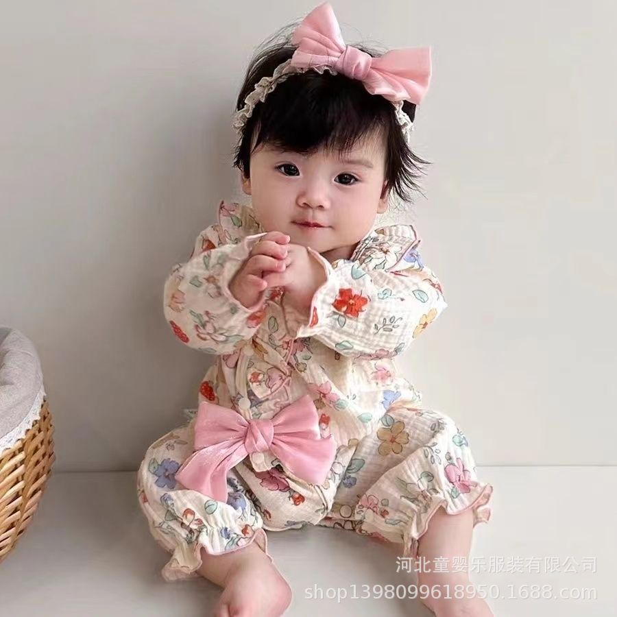 Infant and toddler spring and autumn clothing, 100-day celebration super cute outing romper, newborn baby girl floral print fashionable long-sleeved onesie