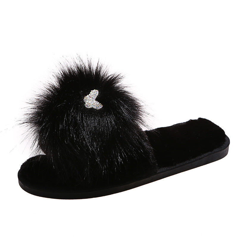 2024 fall/winter new korean style butterfly one-strap flat slippers, warm round-toe indoor/outdoor cotton slippers, fuzzy slippers for women