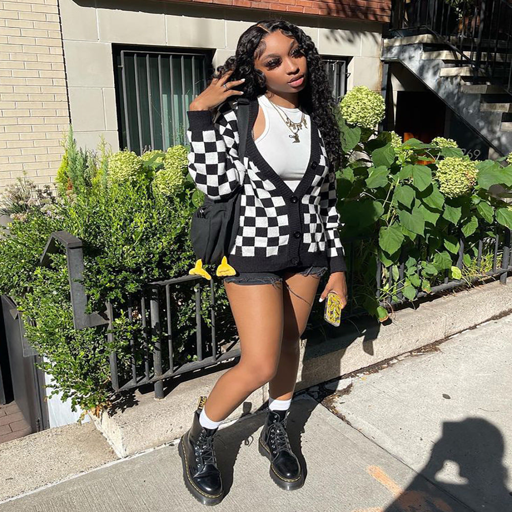 European and american cross-border women's fashion  new autumn/winter street style black and white plaid long sleeve cardigan wool sweater top