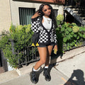 European and american cross-border women's fashion  new autumn/winter street style black and white plaid long sleeve cardigan wool sweater top