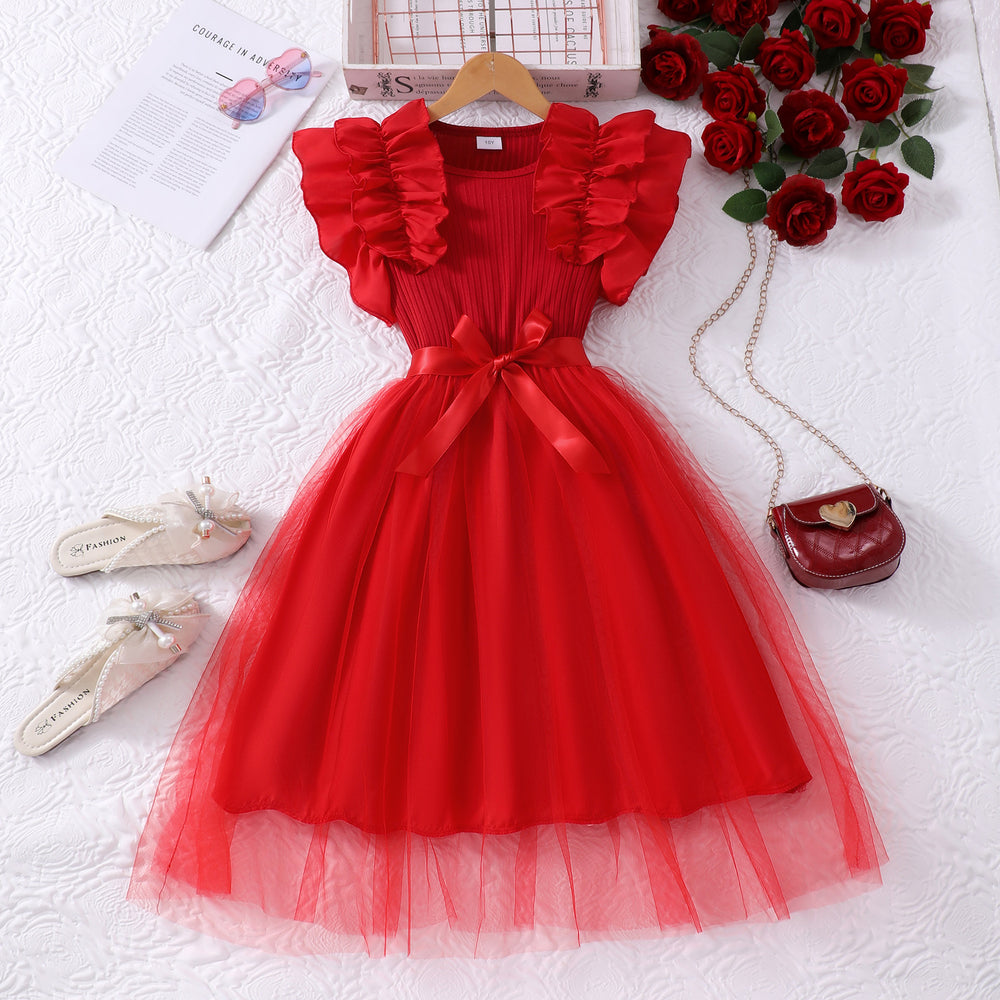 Girls' plus/minus size dress, ruffle flutter sleeve ribbed knit mesh round neck summer casual dress
